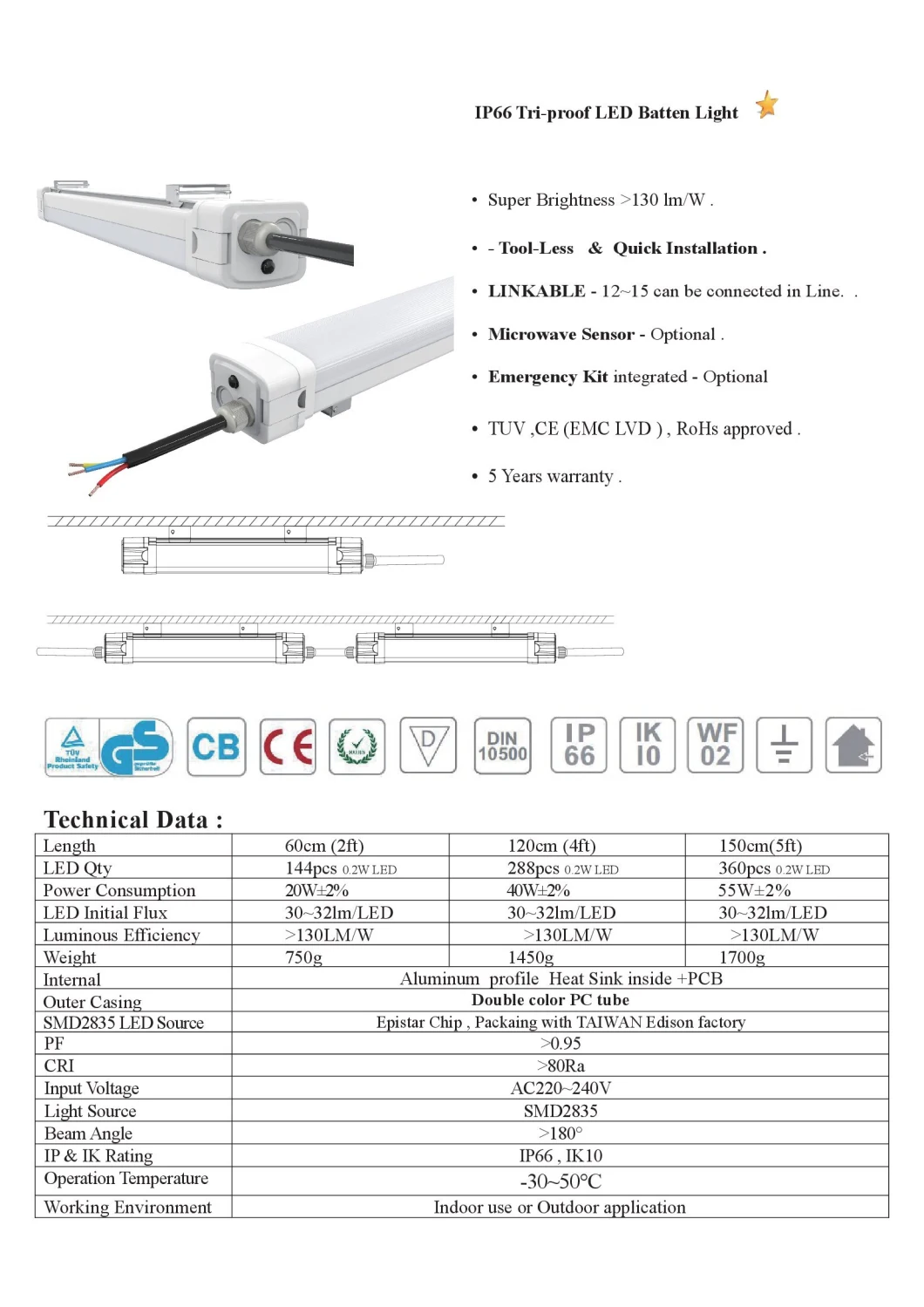 Wet Harsh Environments 5FT 60W Weatherproof LED Batten Light Fitting